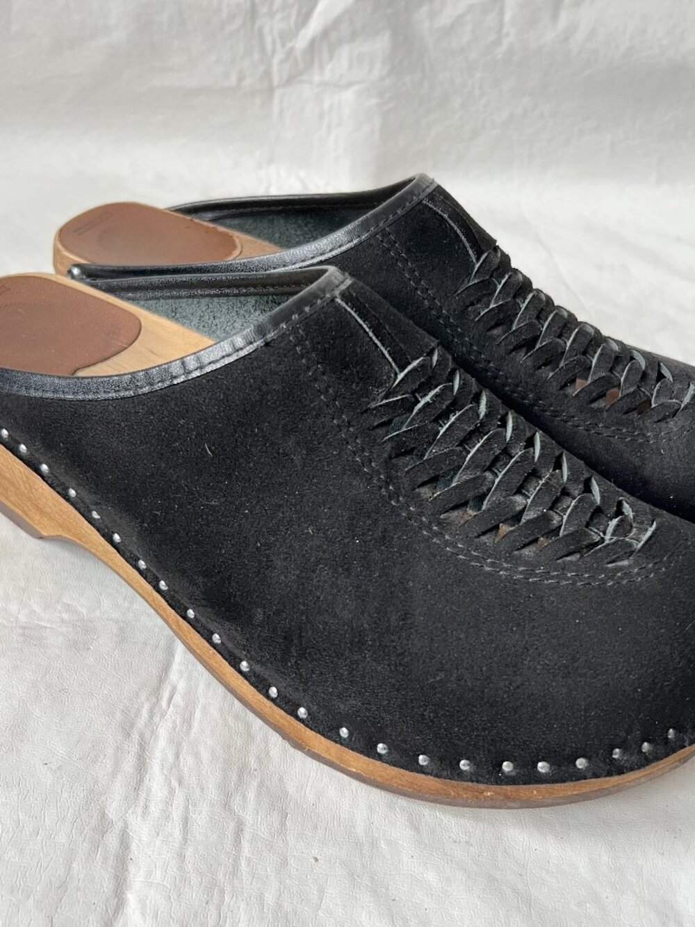 Troentorp Clogs Wright Pull Up black suede woven wood 44 10.5 11 mens slip on